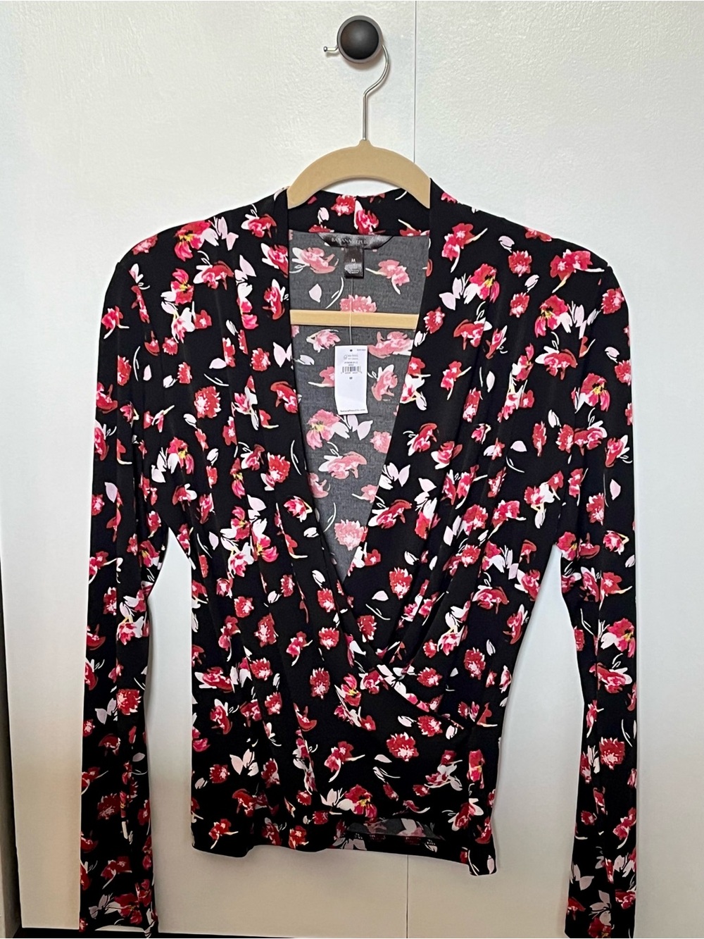 Banana Republic Black Floral Wrap Top with Red and White Flowers